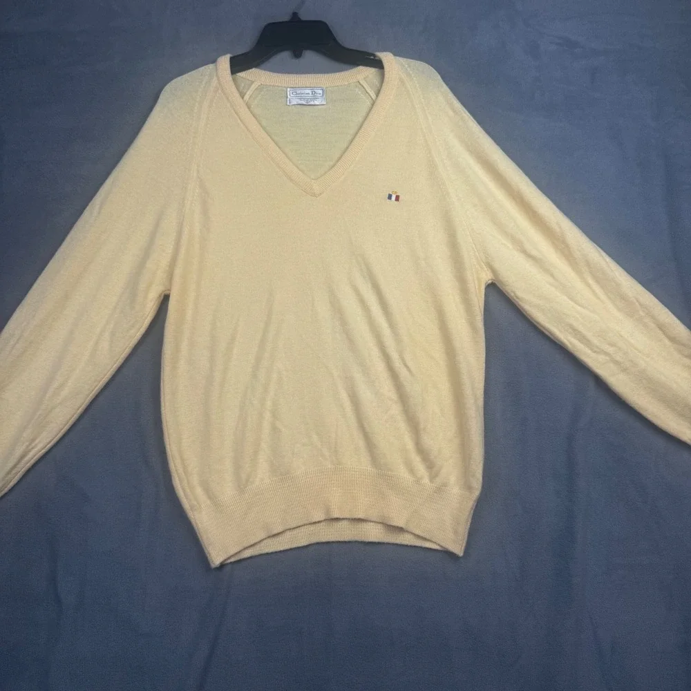 Christian Dior Monsieur Vintage VNeck Sweater Yellow Orlon Acrylic Made in USA M